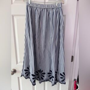 LOFT Blue and White Striped Midi Skirt with Navy Floral Border